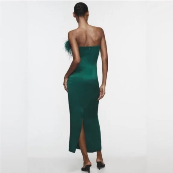 Zara Satin Green Midi Strapless Dress with Feather Accent - Picture 2 of 3